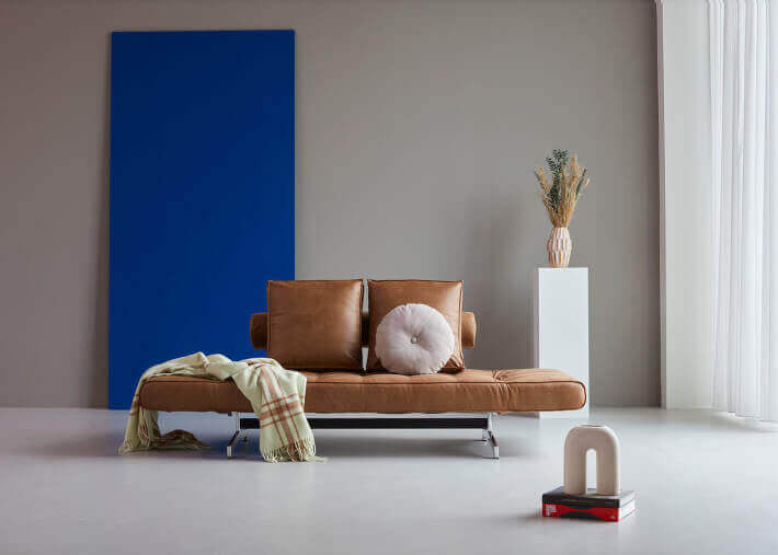 CANAPE DESIGN CONVERTIBLE EN LIT 80x210 EN TEXTILE OU SIMILI CUIR ET PIEDS CHROMES GHIA CHROME - INNOVATION LIVING
