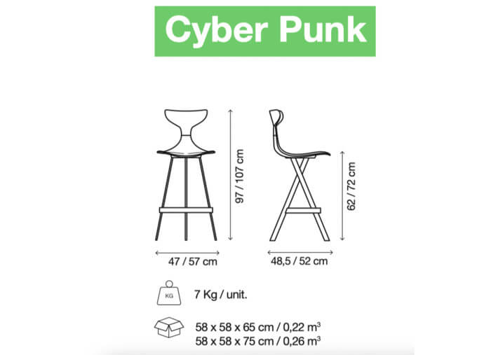 TABOURET DE BAR DESIGN 2 HAUTEURS 62 OU 72 CM - 252 COMBINAISONS DE COULEURS - SET DE 2 UNITES - CYBER PUNK PAR GREEN