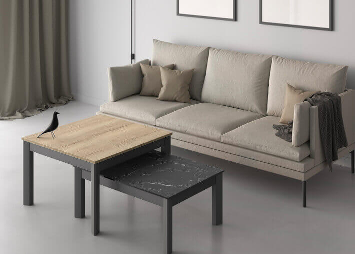TABLE BASSE AVEC PLATEAU EN STRATIFIE 6 COULEURS ET PIED LAQUES COLORES - 5 TAILLES - MULTIPLUS MINI PAR CANCIO