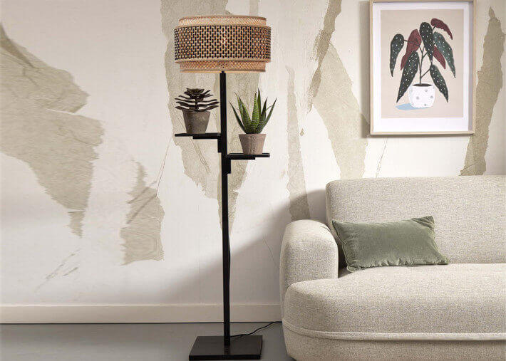 Lampadaire avec 2 etageres en bambou h 160 -...