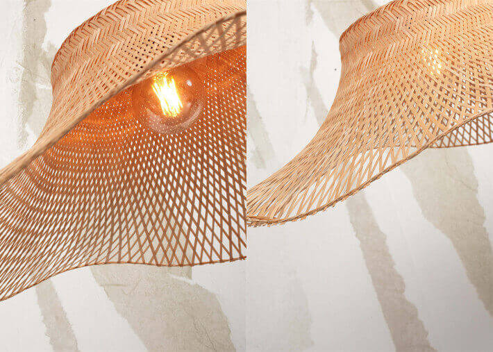 Plafonnier forme capeline en bambou naturel ou...