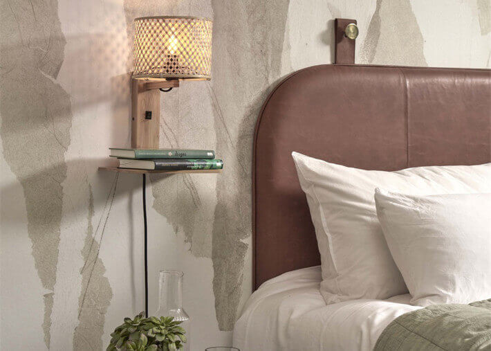 Applique murale chevet avec etagere en bambou -...