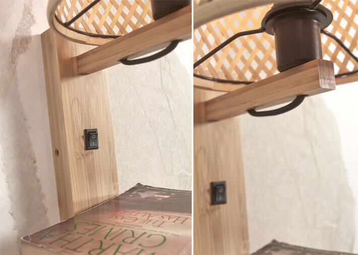 Applique murale chevet avec etagere en bambou -...