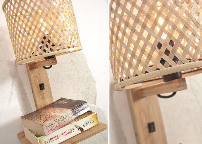 Applique murale chevet avec etagere en bambou -...