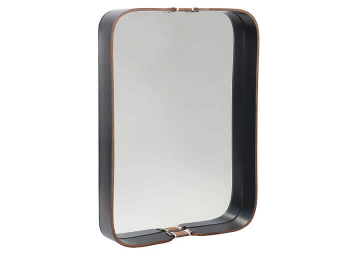 Miroir design rond ou rectangle en cuir noir -...
