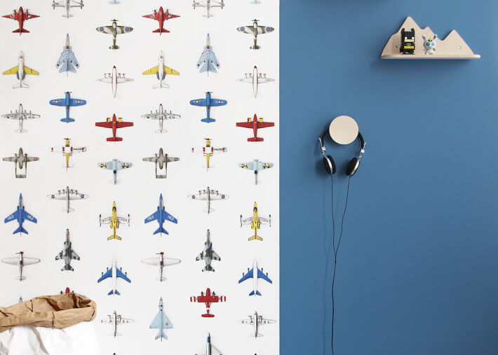 Papier-peint motifs avions fond blanc -...