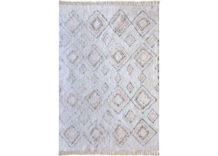 Tapis en coton ecru et motifs multicolores...