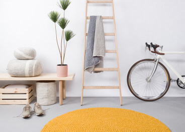 Tapis rond billes de laine moutarde jaune orange rouille...