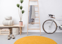 Tapis rond billes de laine moutarde jaune orange rouille rose - MyFelt