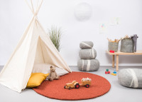 Tapis rond billes de laine moutarde jaune orange rouille rose - MyFelt