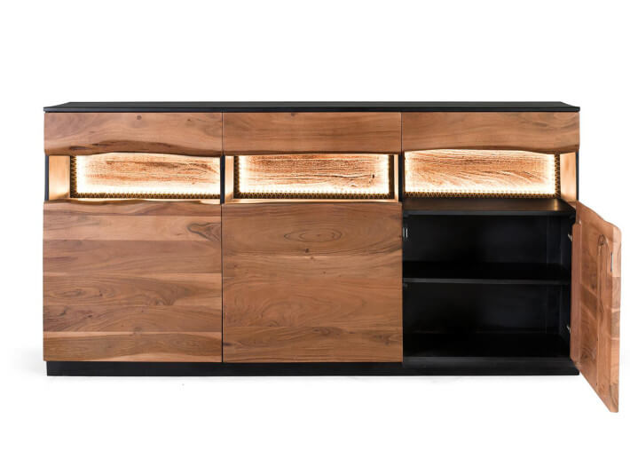 Buffet en bois d'acacia et noir avec éclairage...