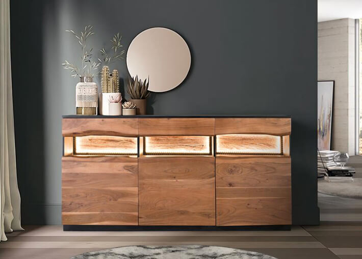 Buffet en bois d'acacia et noir avec éclairage...