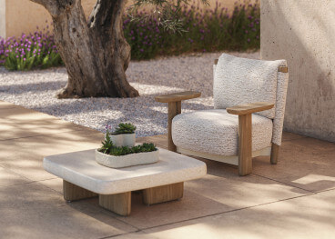 Table basse carée en iroko et béton beige ou taupe -...