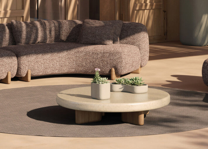 Table basse ronde D110 en iroko et béton beige...