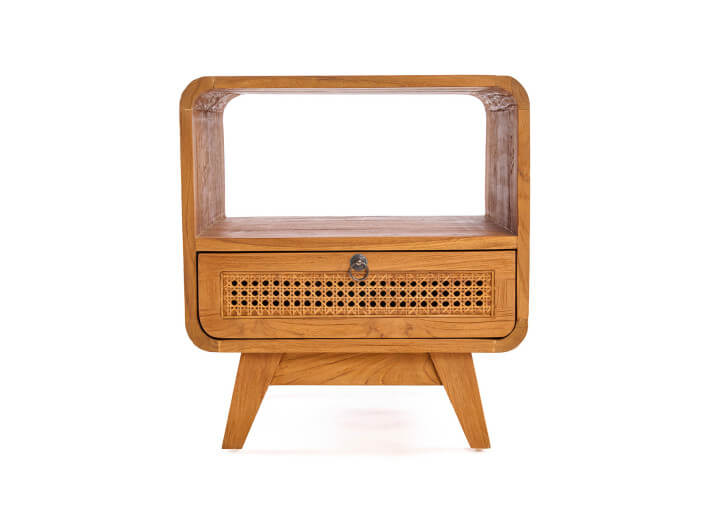 Table de chevet en teck naturel et rotin -...
