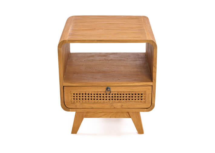 Table de chevet en teck naturel et rotin -...
