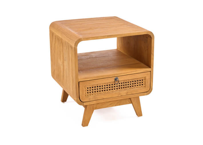 Table de chevet en teck naturel et rotin -...