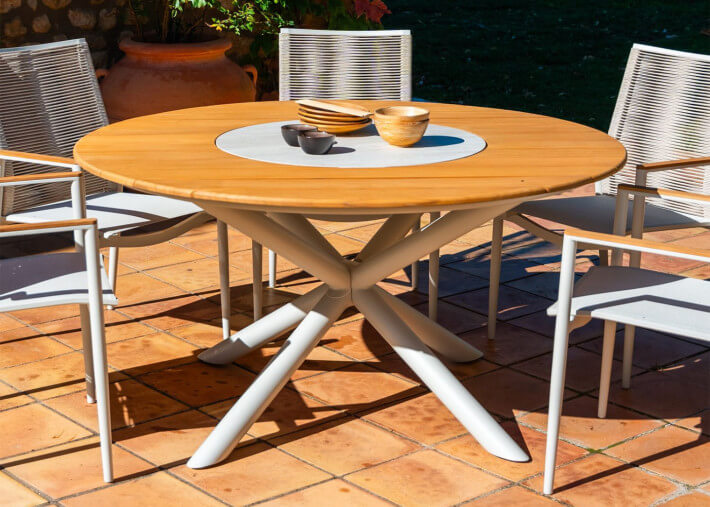 Table ronde en teck avec plateau tournant -...