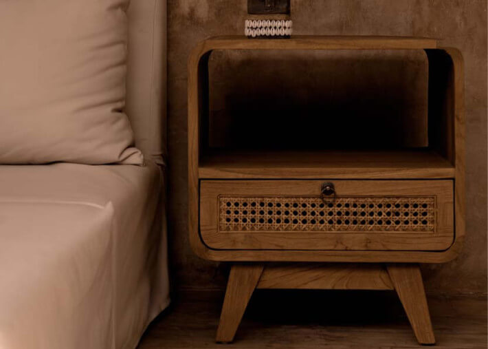 Table de chevet en teck naturel et rotin -...