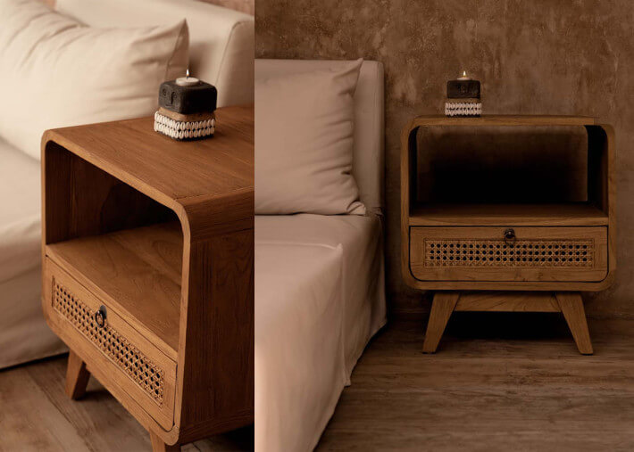 Table de chevet en teck naturel et rotin -...