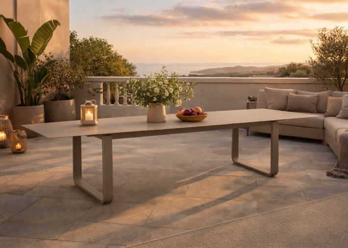 Table d'exterieur extensible en verre 3 coloris...