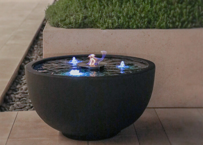 Fontaine lumineuse et flamme pour extérieur...