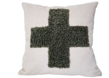 Coussin croix velours beige et fausse fourrure kaki...