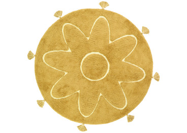Tapis enfant rond jaune mangue à pompons – Yva Nattiot