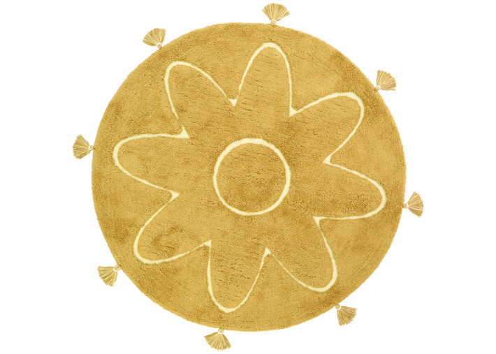 Tapis enfant rond jaune mangue à pompons – Yva...