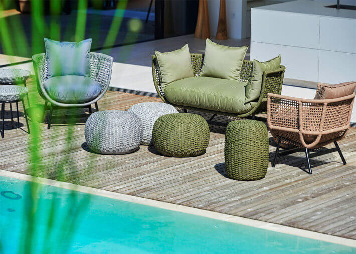 FAUTEUIL DE JARDIN DESIGN EN ALUMINIUM NOIR ET CORDE TAUPE GRIS CLAIR OU VERT OLIVE - SUKA PAR JANKURTZ