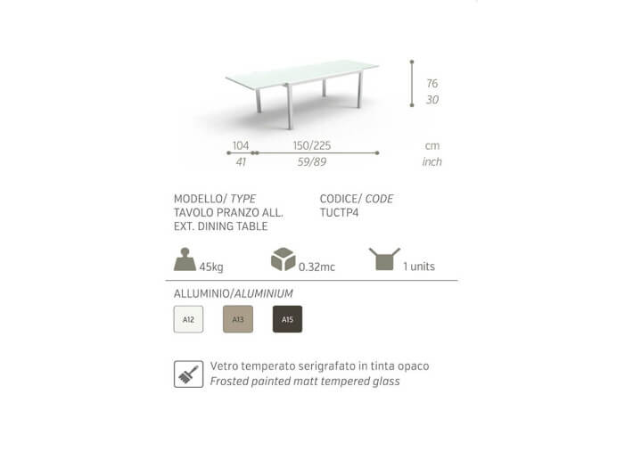 TABLE DE REPAS EXTENSIBLE 150-225 CM ALUMINIUM ET VERRE TOUCH TALENTI