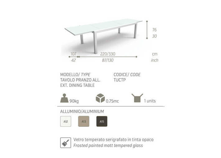 TABLE DE DEJEUNER EXTENSIBLE 220-330 CM ALUMINIUM ET VERRE TOUCH TALENTI