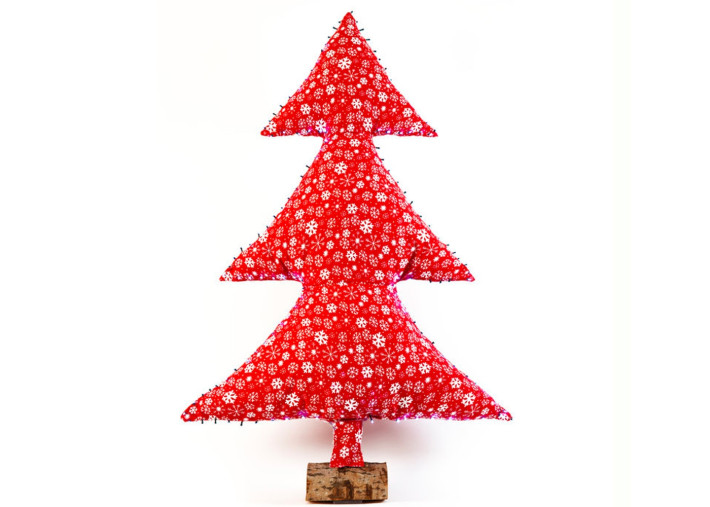 SAPIN DE NOEL FAIT MAIN  EN TOILE DE JUTE IMPRIME FLOCONS DE NEIGE ROUGE LED INTEGRE H 70 OU 150 CM - MX HOME