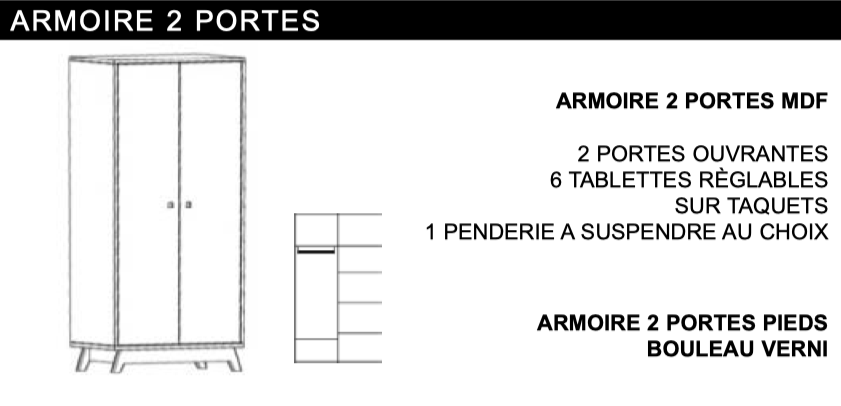 Armoire 2 portes avec penderie et 6 etageres - 26 coloris et pieds en bouleau - madavin par mathy by bols
