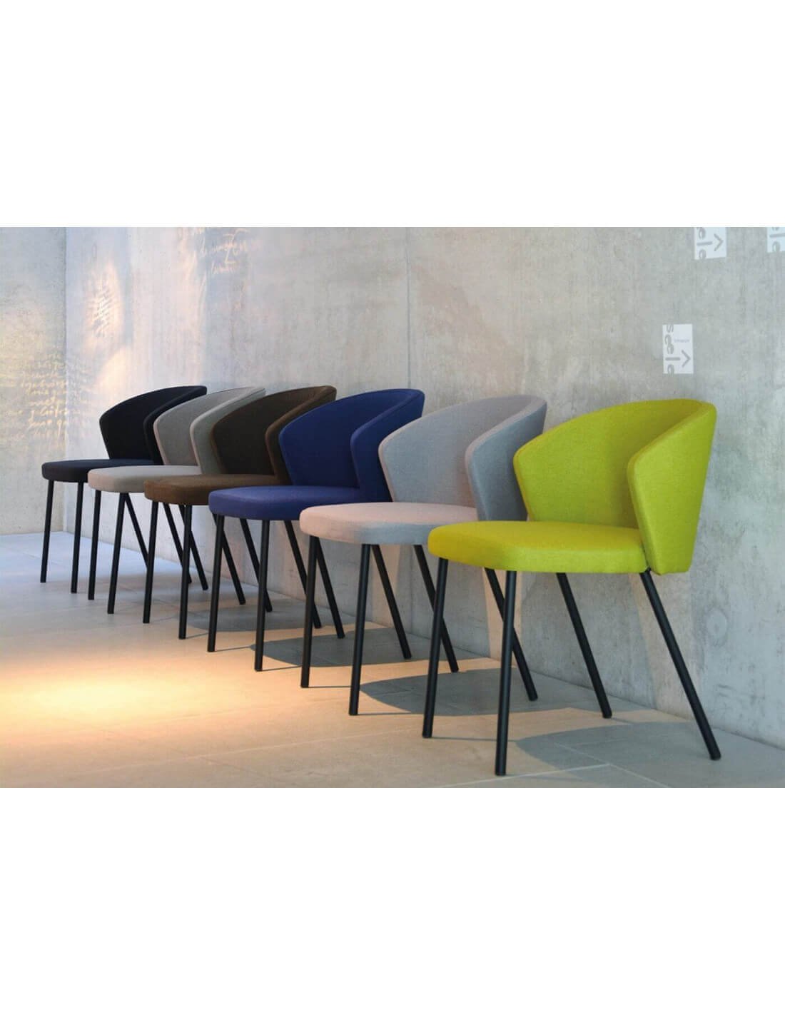 Chaises design multicolores alignées contre un mur en béton, pieds noirs et assises colorées (noir, gris, brun, bleu, beige, jaune).