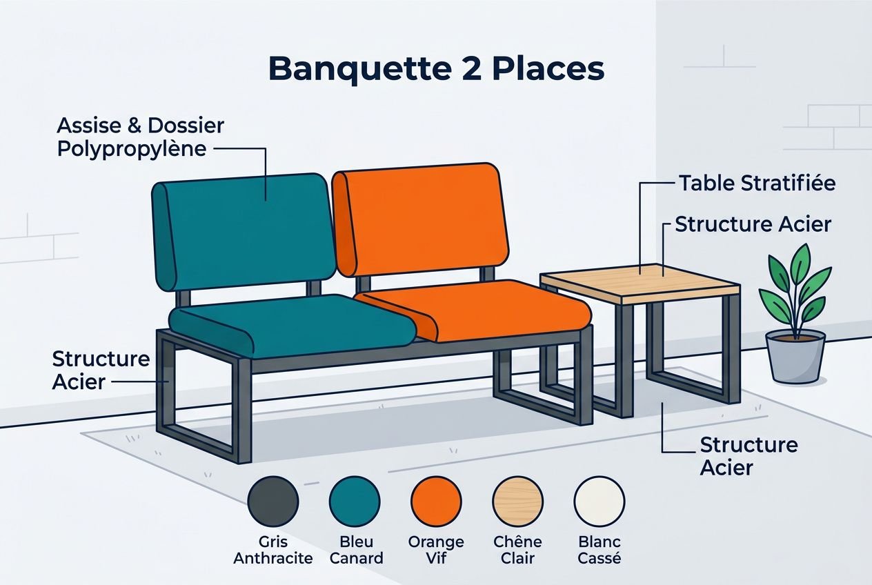 Banquette 2 Places avec structure acier et assises colorées (gris anthracite, bleu canard, orange vif) et table stratifiée, décor salle d’attente élégante.