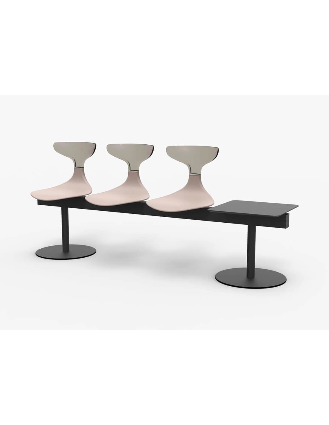 Banquette design moderne avec trois chaises pastel sur une plateforme noire et socles circulaires, tablettes latérales à gauche et droite.