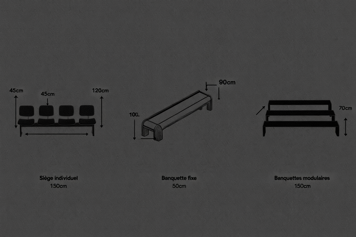 Chaise salle d'attente élégante: dessin technique montrant siège individuel, dimensions 150 cm, 4 places, et banquette avec accoudoirs métal pour accueil stylé.