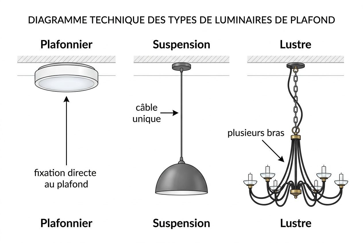 Diagramme technique: types de luminaires de plafond montrant plafonnier, suspension et lustre avec fixations et câbles. différence entre lustre et suspension clairement identifiable.