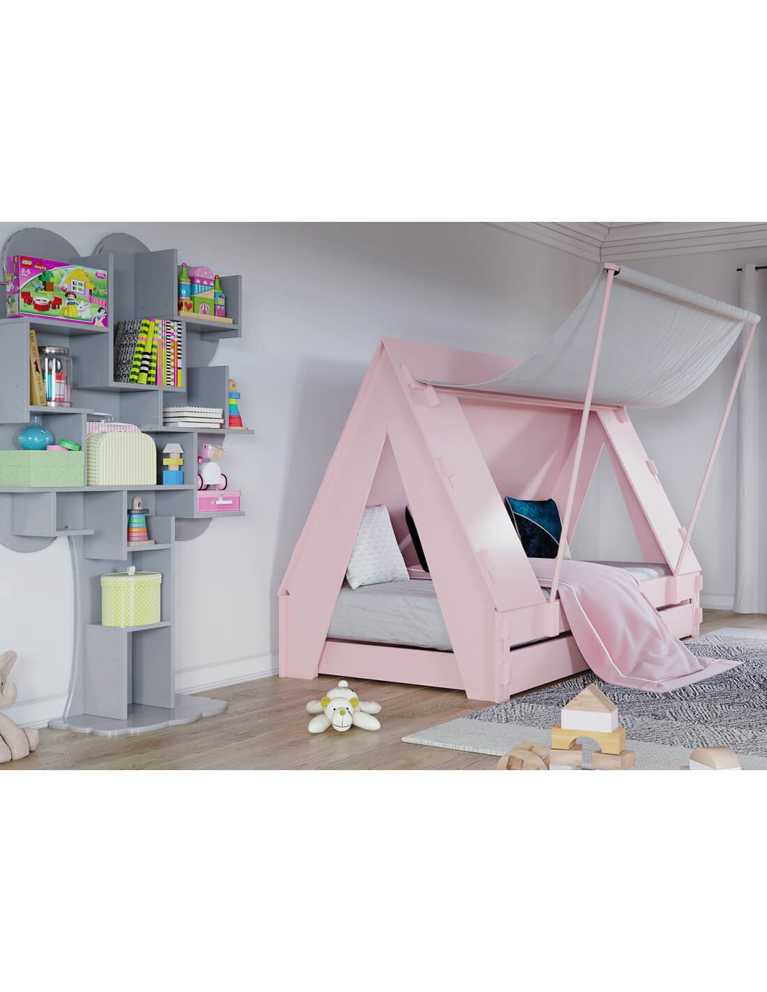 Lit tipi rose pour enfant avec voile amovible et coussins, ambiance chambre ludique.