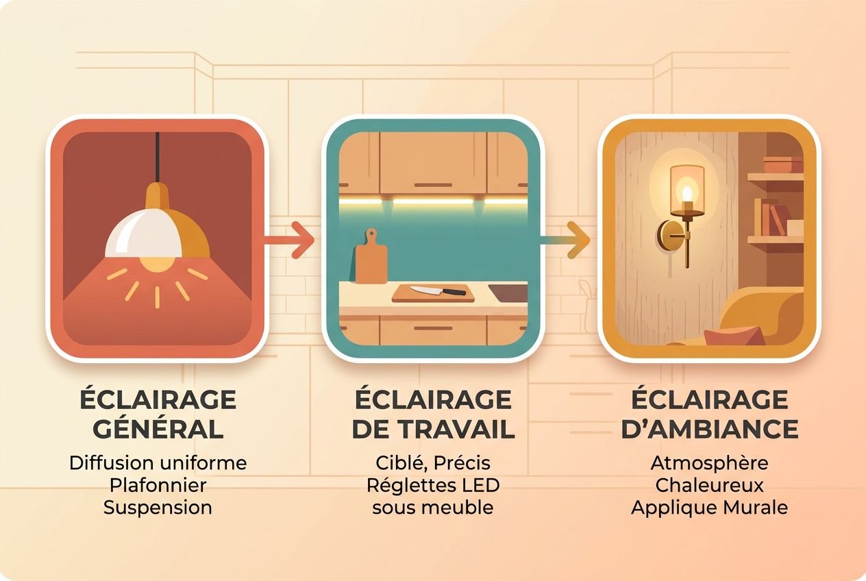 Schéma montrant trois types d’éclairage: éclairage général uniforme, éclairage de travail sous meuble, et éclairage d’ambiance chaleureux et mural, illustrant la tendance luminaire cuisine 2026.