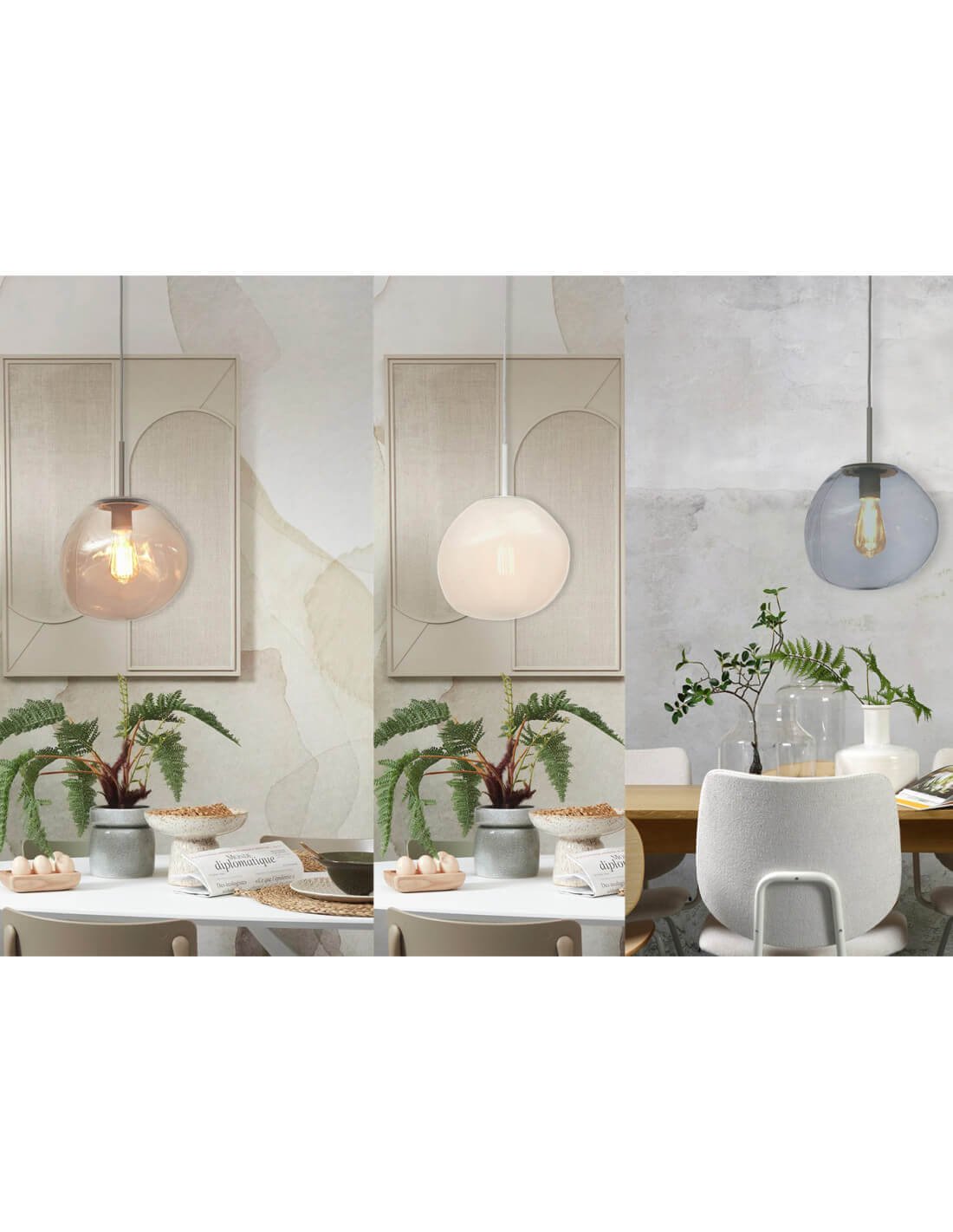 Suspension lumineuse ronde et décor mural géométrique dans un espace salle à manger élégant, plantes vertes et table prête à déjeuner. Suspension lumineuse ronde et décor mural géométrique dans un espace salle à manger élégant, plantes vertes et table prête à déjeuner.