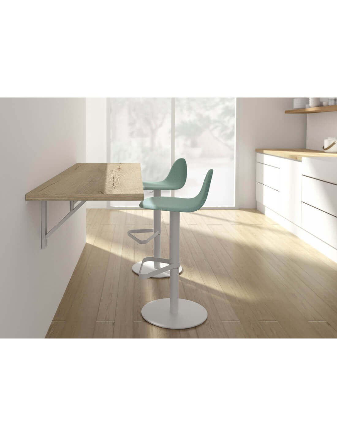Table kitchen hauteur avec tabourets design vert menthe et pied blanc, dans cuisine lumineuse. Table kitchen hauteur avec tabourets design vert menthe et pied blanc, dans cuisine lumineuse.